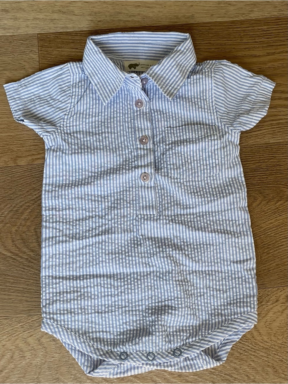 Monica + Andy Organic Cotton Striped Seersucker Polo Onesie - Light Blue/White